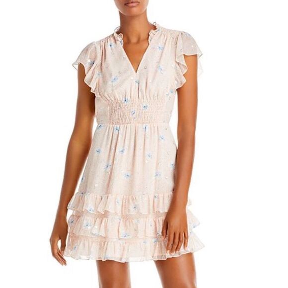 NWT Rebecca Taylor Silk Ruffle V Neck Mini Dress Pastel Pink Floral size S
